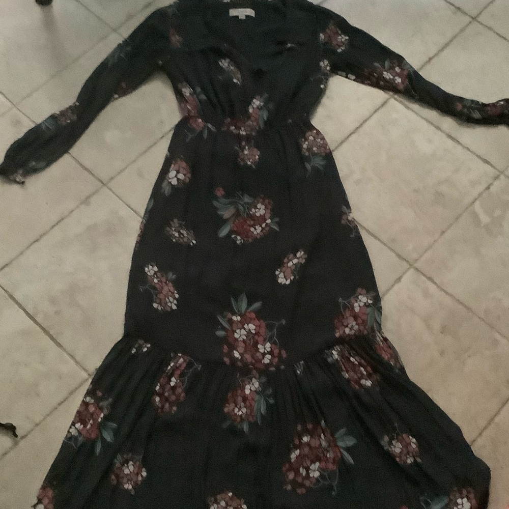 LOFT Navy Floral Long Sleeve Day Dress